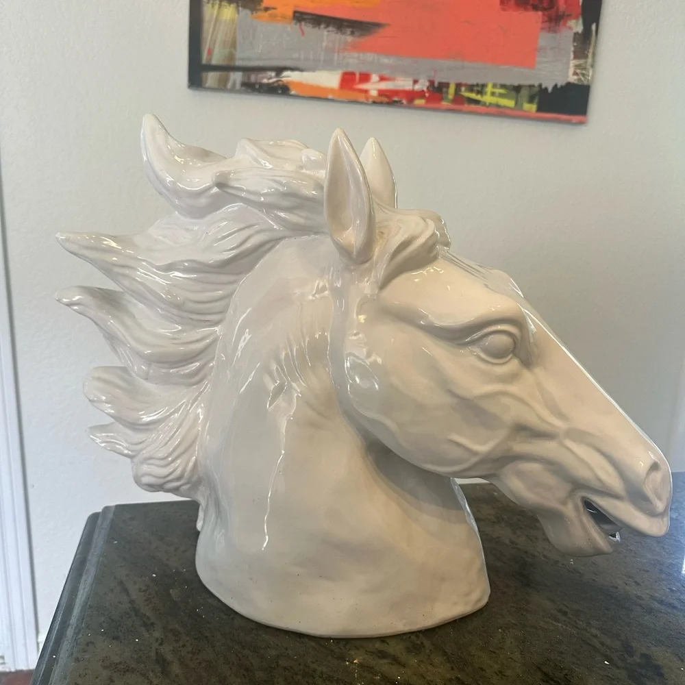 Large scale white neo-classical style ceramic horse bust statue